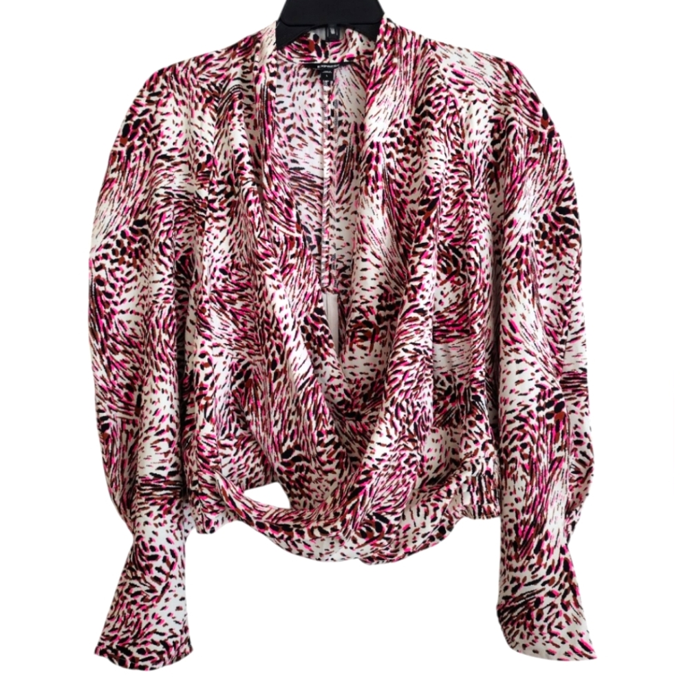 Express Draped Multicolor Neon Pink Cream Leopard Print Wrap Top Size Large